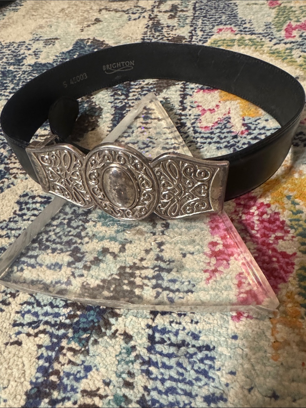Brighton Black Leather Belt with Decorative Silver-Tone Filigree Buckle